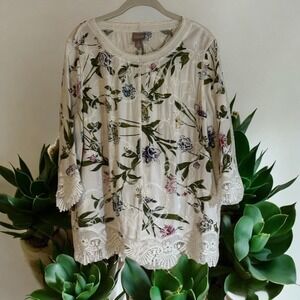 Chicos Floral‎ Large Embroidered Lace Trim 3/4 Sleeve Top Blouse Size 2